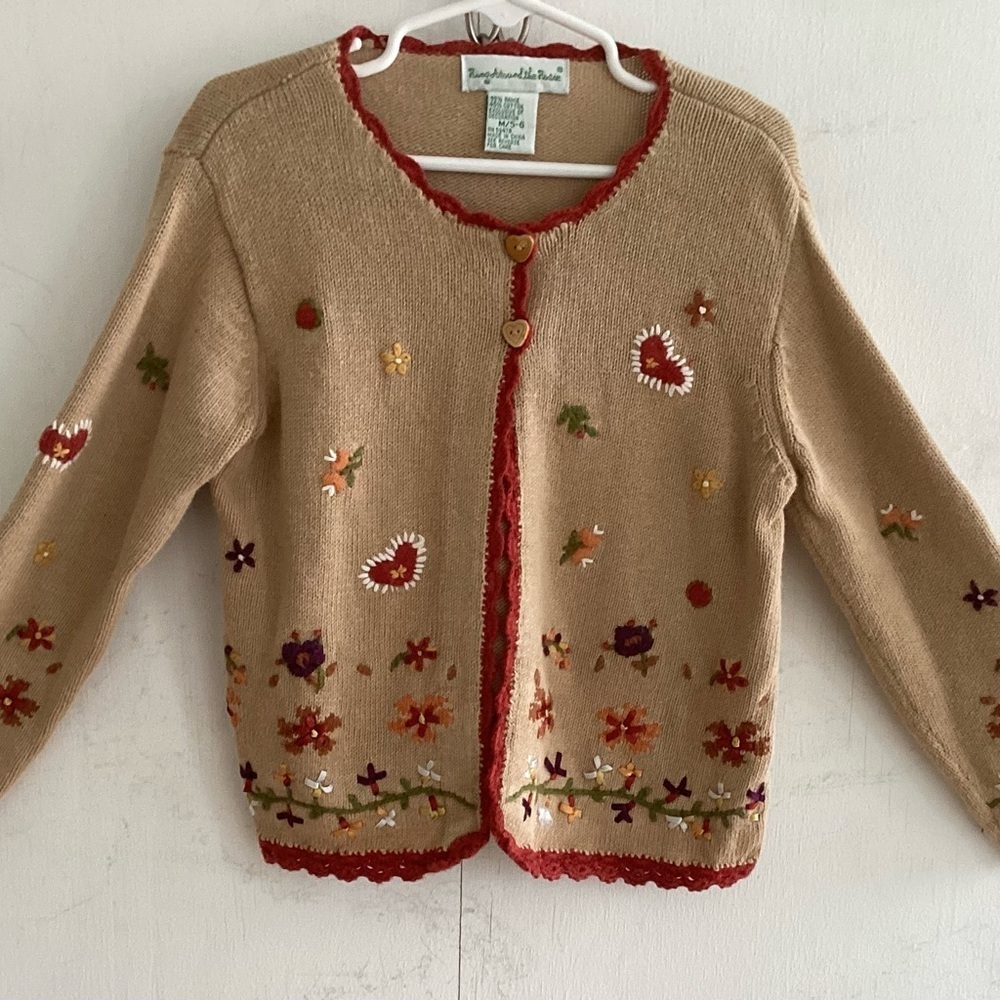 Vintage Ring Around The Rosie Ramie/Cotton Embroidered 2Button Knit Sweater M5/6